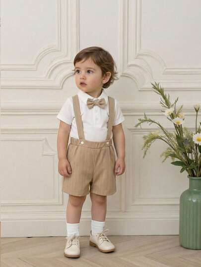 Souflis Souflis 2pcs Baby Boy Gentleman Outfit, Includes Collared Jumpsuit With Bowtie And Adjustable Suspender Shorts, Suitable For Occasions, Parties, Formal Events, Weddings, Christenings, Ceremonies And Birthday Celebrations, For Infants 1 Month To 2 Years Old, Baby Bodysuit,1st Birthday Outfit,Photoshoot Outfit, Summer,Kid Clothes,Toddler Clothes, Baby Western, Baby Outfit,Birthday Outfit,Baptism Outfit,Christening Plain