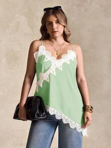 Elegantrix Plus Size Women Urban Casual Lace Asymmetric Hem V-Neck Patchwork Solid Color Short Camisole - Mint Green - View 1