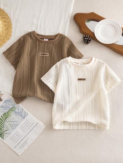 SHEIN 两件套男童亚麻休闲短袖T恤，纯色舒适上衣，适合夏季穿着，上学、度假皆宜