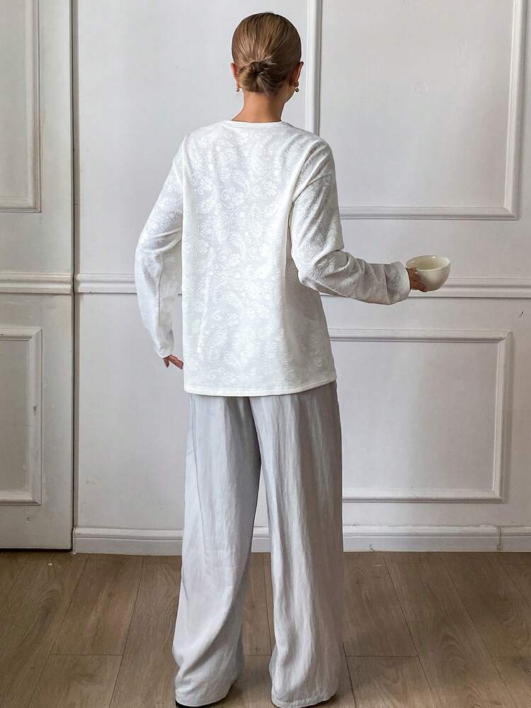 Jacquard Fabric Loose Top And Lightweight Pants Women Pajama Set