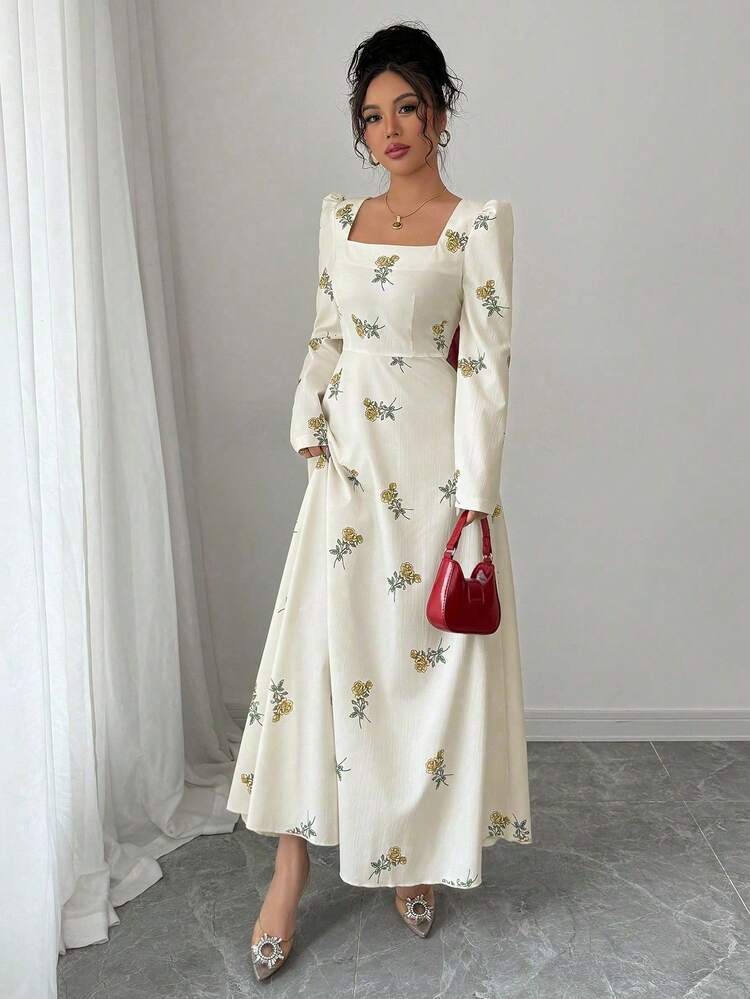 Modelyn Elegant Women's Yellow Floral Long A Line Dress With Square Neck Puff Sleeves And Back Zipper Detail Women's Woven Printed Patchwork Long Fitted Dress Vintage Dresses For Woman Dress Modest Captains Dinner Dress French Dresses For Women Long Dress With Sleeves Women's Elegant Yellow Plant Pattern Long Dress With Square Neck And Puff Extra Long Sleeves Flared Hem Stylish Women's Long A Line Dress Featuring Yellow Floral Print Square Neck And Puff Long Sleeves With Zipper - Yellow - View 3