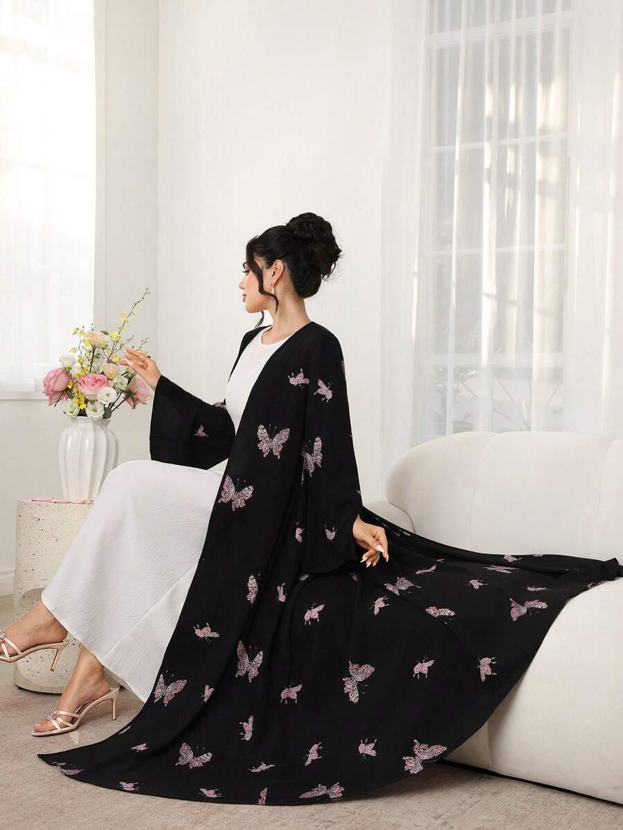 Al Najma Romantic Butterfly Print Open Front Flare Sleeve Dress, Spring/Summer - Multicolor - View 1