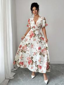 Elenzga 女士印花深V领褶皱短袖连衣裙 - 彩色 - 查看 6