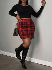 SHEIN PETITE CURVE 加大码格纹开衩修身半身裙 - 酒紅色 - 查看 4