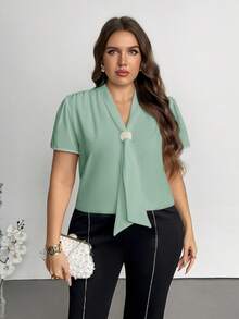 Firerie Plus Size Solid Color Ribbon Collar Short Sleeve Casual Minimalist Shirt - Mint Green - View 4