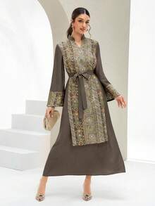Al Najma 新款優雅珠飾刺繡拼接收腰洋裝，高端正式派對節日穿搭 - 棕色 - 查看 3