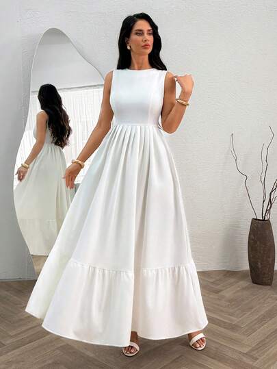 EURMUSE Elegant Sleeveless Ball Gown Maxi Dress – Fitted Bodice, Dramatic Voluminous Hem & Luxuriously Smooth Formal Fabric For Special Evenings, Limited Edition Collection Long White Dress Women White Church Dress Summer Elegant Dress White Vintage Dress Elegant White Dress Satin White Dress