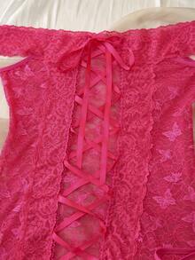 DelicateAllure 2pcs Lace Patchwork Criss-Cross Strap Off-Shoulder Sexy Lingerie Set: Nightgown + G-String - Hot Pink - View 3