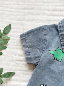 SHEIN Vintaside Kids 男婴卡通汽车恐龙印花短袖连体衣，夏季 - 藍色 - 查看 7