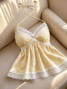 Franclia Áo kiểu nữ mùa hè phối họa tiết, khoét rỗng, thêu jacquard, cổ yếm, hở lưng. - Màu vàng - Xem 1