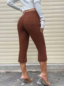 EMERY ROSE Women's Casual Versatile Commuting Denim Capri Pants With Pockets And Buttons - Coffee Brown - View 2