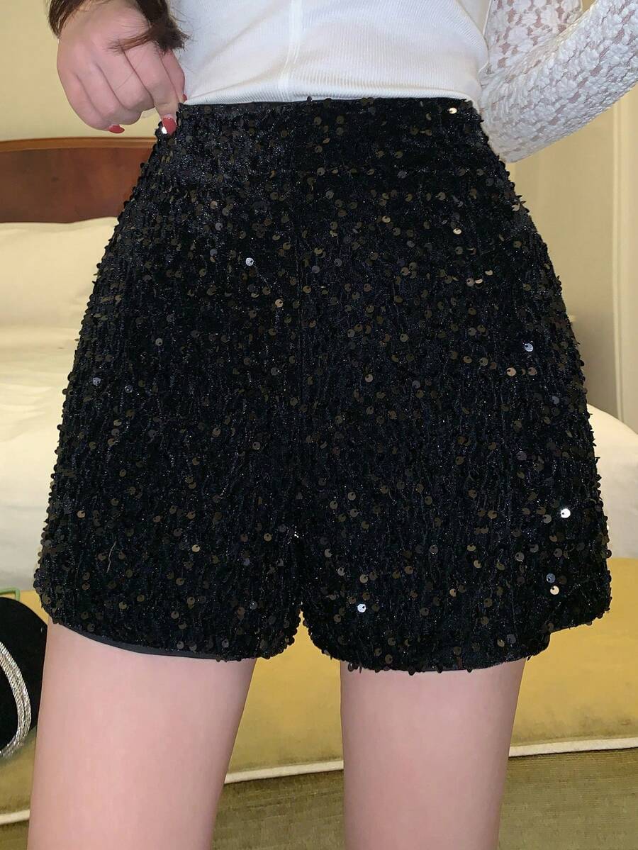 DAZY Women's Elegant Sequin Decorated Shorts, Spring/Summer - Black - View 1