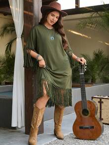 SHEIN LUNE Plus Size Casual Solid Color Fringe Trim Dress Fringe Dress Fringe Outfits Women Green Dress Green Dresses For Women Modest Dress Abaya Dress فساتين ساتره Casual Outfit For Women Casual Long Dress Casual Dress Casual Dresses Casual Dress For Women Vacation Outfits Women Summer Holiday Outfits Beach Vacation Outfits For Women Vacation Dresses Going Out Outfits Beach Outfit For Women Beach Vacation Outfits For Women Beach Dresses Easter Dress Women Spring Outfit Summer Outfits Fringe Dress For Wom - Army Green - View 2