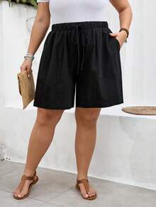SHEIN CURVE+ Quần short nữ dáng suông US22, thích hợp cho lễ hội âm nhạc, kỳ nghỉ biển, phong cách bohemian, màu trơn, có dây rút ở eo và túi. - màu đen - Xem 8