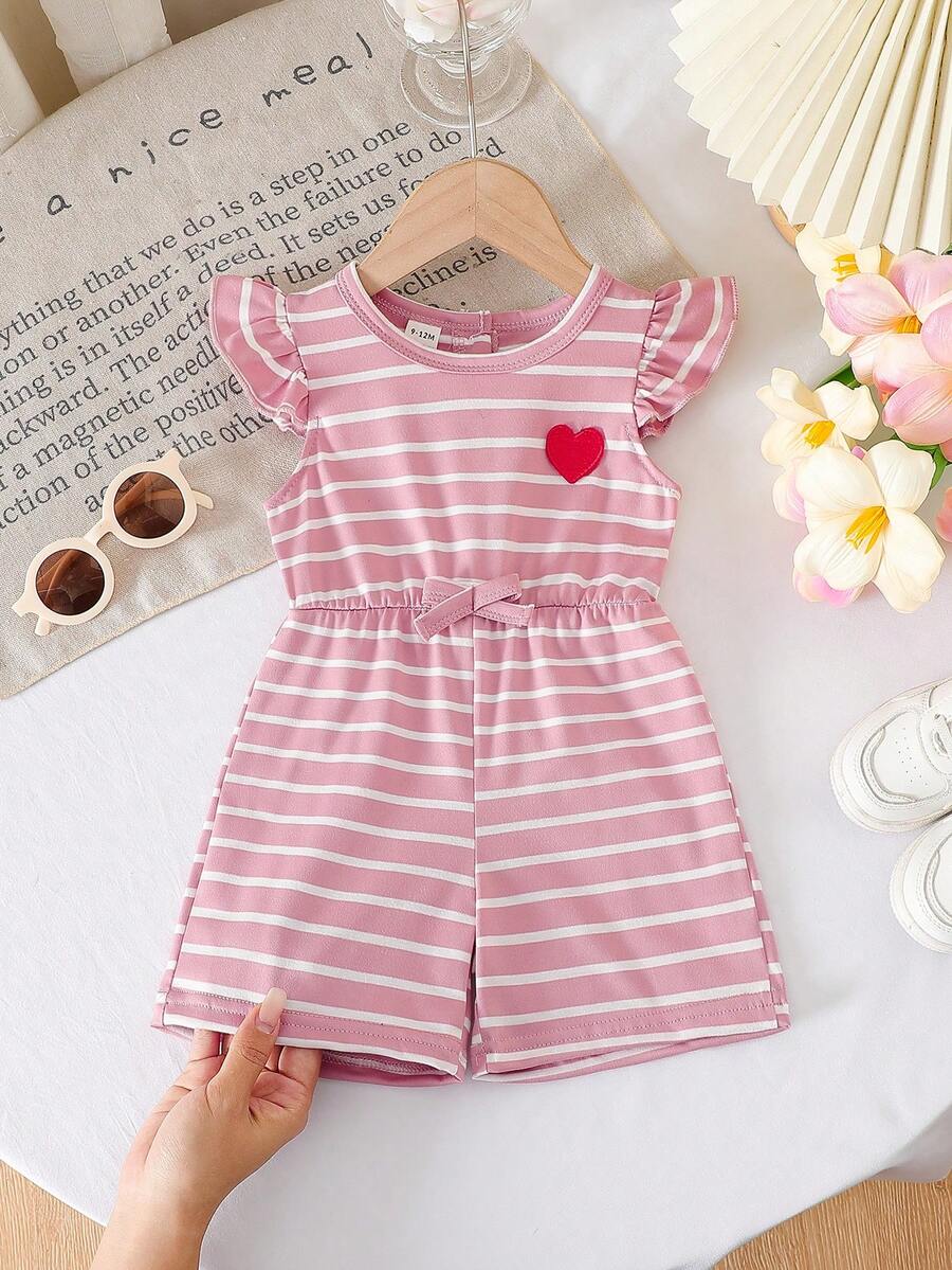 SHEIN Playful Pals Baby Girls' Casual Striped Romper, Spring/Summer - Pink - View 1