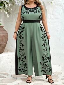 SHEIN CURVE+ Curve 加大码 US22 音乐节、海滨度假、波西米亚风 CURVE PLUS / 女士优雅露背连体裤，宽松撞色印花度假连体裤 - 綠色 - 查看 5