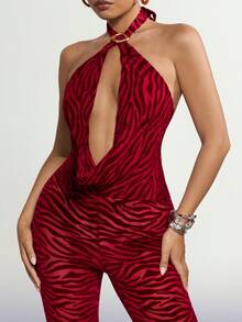 SHEIN ICON Women's Zebra Print Halter Neck Metal Linked Fashionable Date Outing Jumpsuit - Red - View 8