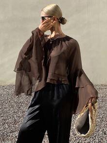 DAZY Áo kiểu nữ màu trơn dáng rộng bằng chiffon, tay loe, bèo nhún, thích hợp cho kỳ nghỉ xuân/hè. - màu nâu - Xem 1