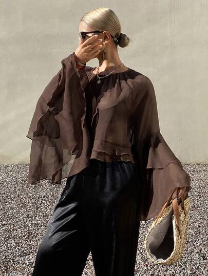 DAZY Women's Solid Color Loose Chiffon Flare Sleeve Ruffle Casual Vacation Spring/Summer Blouse