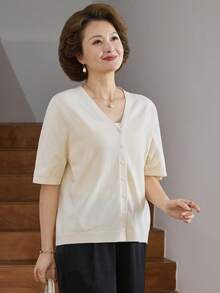 Livesso 女士V领宽松短袖针织上衣 - 杏色 - 查看 6