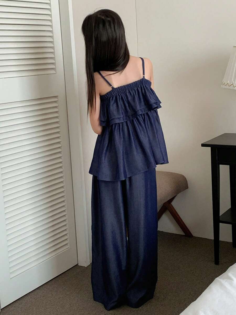 DAZY 少女纯色荷叶边无袖休闲衬衫套装,夏季 - 藏蓝色 - 查看 1