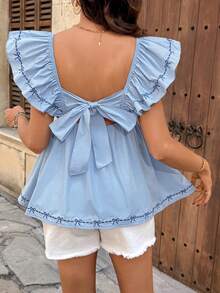 SHEIN Maternity Sweetheart Collar Cap Sleeve Ruffle Trim Bowknot Pattern Blouse Blue Summer Top,Beach - Blue - View 2