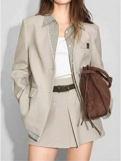 Anewsta 女士休闲宽松复古撞色条纹拼接衬衫式西装外套