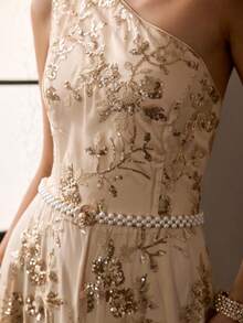 MOTF PREMIUM VESTIDO ASIMÉTRICO CON CUELLO DE LENTEJUELAS DE CONTRASTE - Dorado - Ver 3