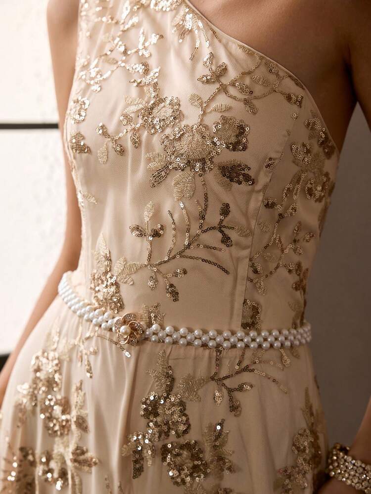 CONTRAST SEQUIN ASYMMETRICAL NECK DRESS