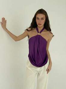 Aloruh 女士性感纯色露背吊带背心，夏季 - 紫色 - 查看 7