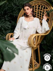 Al Najma Elegantes weißes Kleid mit Herzausschnitt, bunter Stickerei und Glockenärmeln, Frühling/Sommer - Weiss - Übersicht 8