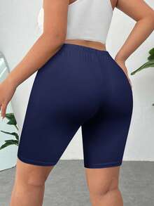 SHEIN EZwear 海军蓝加大码纯色修身短裤女长款短裤加大码骑行短裤女式紧身骑行短裤女式弹力短裤 - 藏蓝色 - 查看 3