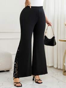 SHEIN Clasi 大码时尚通勤网眼拼接喇叭裤 夏季 夏季假期 春假 春季情人节 女士 婚礼及活动 外出喇叭裤 大码喇叭裤 喇叭打底裤 女士大码裤 曲线加大码 大码裤 优雅女士裤 水钻裤 遮盖裤 水钻喇叭裤 - 黑色 - 查看 7