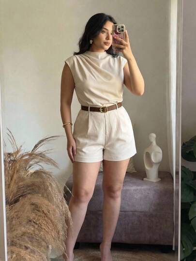 SHEIN MOD PLUS SIZE WOMEN HIGH NECK SOLID POCKET JUMPSUIT WITH BELT. Short Jumpsuit .Cream Romper.Suitable For Back To School,,Teacher Outfits For Women,Business Casual Woman.Sophisticated Womens High Neck Sleeveless Elastic Waist Short Jumpsuit With Brown Belt.Summer Outfits