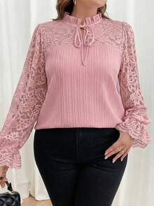 Reflora Plus Size Women Contrast Lace Frill Trim Tie Neck Elegant Blouse - Coral Pink - View 1