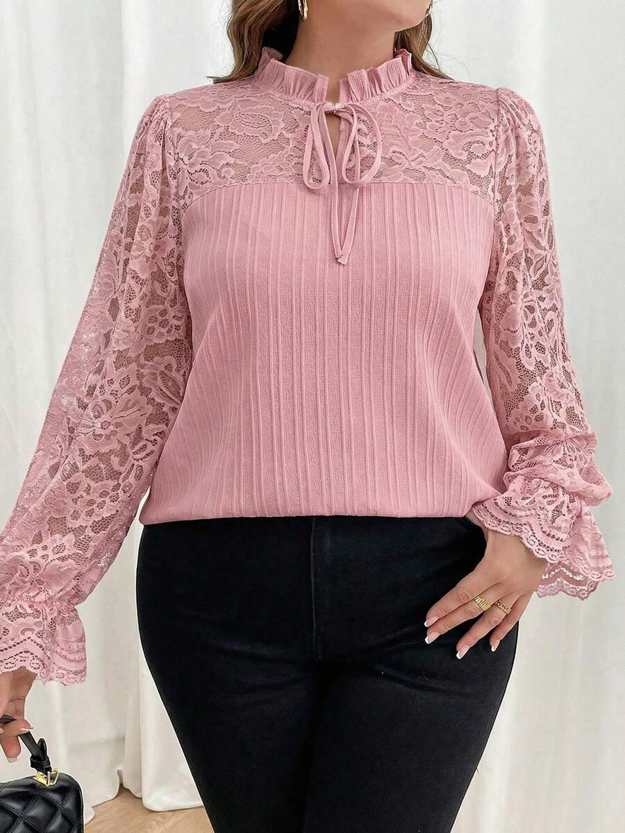 Reflora Plus Size Women Contrast Lace Frill Trim Tie Neck Elegant Blouse - Coral Pink - View 1