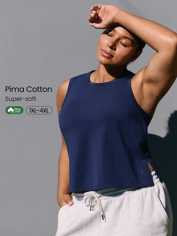 Canotta corta in cotone Pima, taglia comoda, leggera e traspirante, con spacchi laterali, logo rifrangente, per uso casual quotidiano