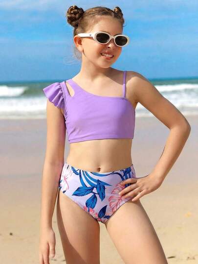 Tween Girls 2-Piece Bikini Set, Purple Solid Color One-Shoulder Ruffle Top Paired With Multi-Color Turtle Back, Palm Leaf Tropical Print Bottom, 2-Piece Fashionable Casual Elegant Swimsuit Suitable For Swimming, Summer Vacation, Beach, Pool, Holiday Party