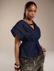 Normani Women Pleated Off Shoulder Backless Denim Top - Dark Wash - View 4