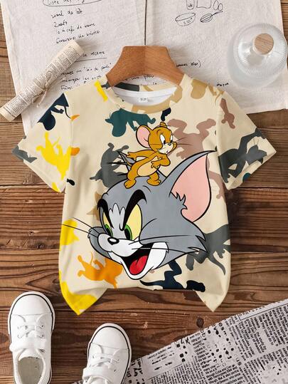 TOM & JERRY X SHEIN Camiseta de manga corta con estampado de dibujos animados para niños, estampado total
