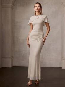 MOTF Soiréza ELEGANT ROUND NECK COLORFUL RHINESTONE DETAIL NECKLINE ASYMMETRIC CAPE-STYLE FLUTTER SLEEVES MAXI PARTY GOWN – ALL-OVER RHINESTONE FABRIC - Apricot - View 5