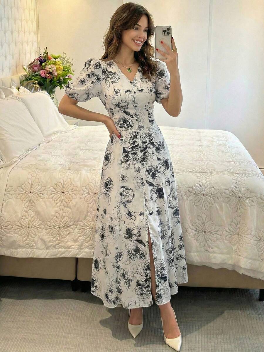 Modelyn Women's Woven Double Layer Printed Short Sleeve Midi Dress - Multicolor - View 1