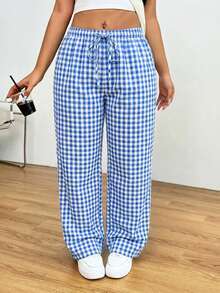 SHEIN EZwear 浅蓝色加大码休闲格子松紧腰宽松裤 - 淺藍色 - 查看 4