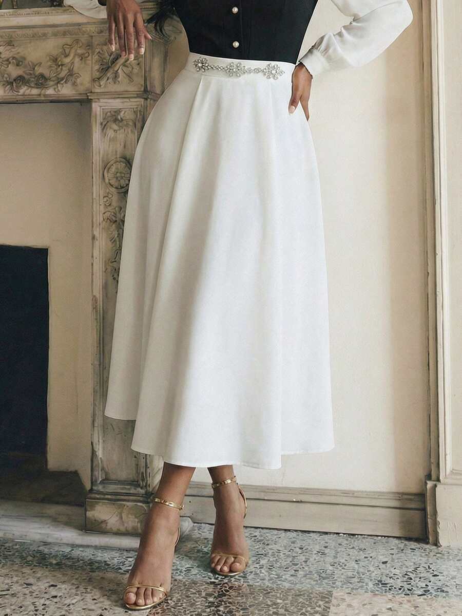 Anewsta Women's Elegant White Rhinestone Embellished Minimalist Fashion Skirt - White - View 1