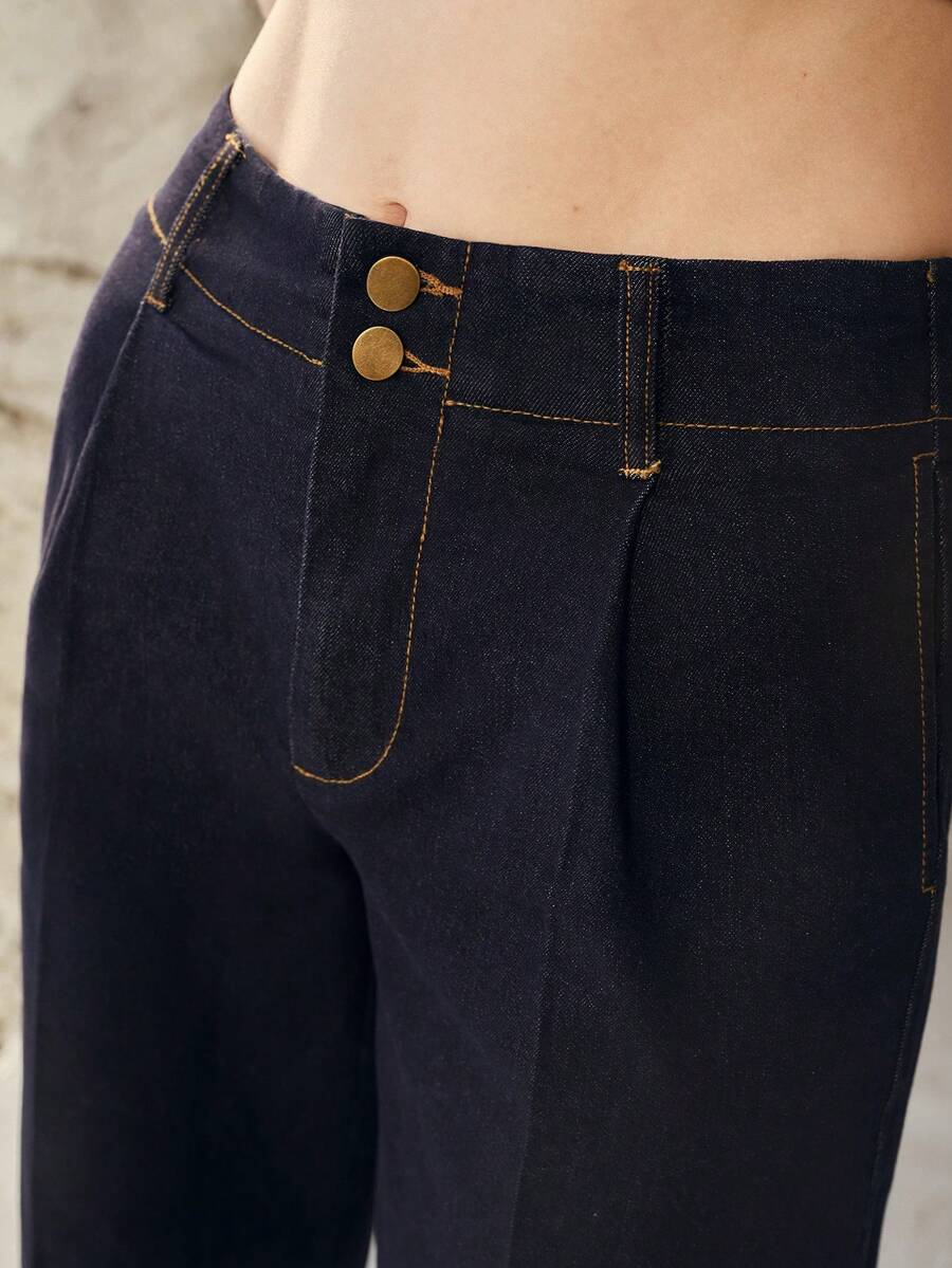 MOTF PREMIUM WOMEN'S WIDE LEG PRESS CREASE JEANS - Navy Blue - View 2