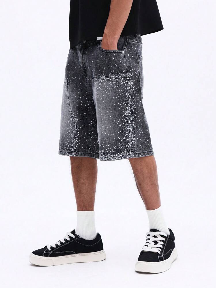 SUMWON Men's Sparkle Rhinestone Embellished Carpenter Denim Shorts With Hammer Loop Utility Pockets Summer Casual Streetwear