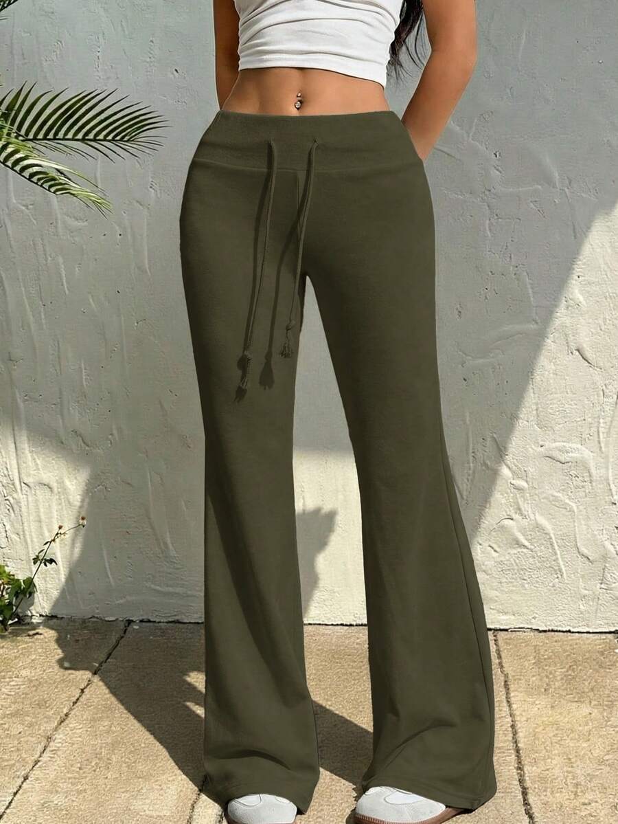 SHEIN EZwear Quần ống loe nữ màu trơn dáng rộng có dây rút ở eo - xanh quân đội - Xem 1