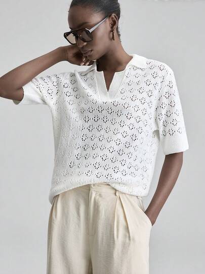 Ontre Women's Beige Rib-Knit Semi-Sheer Polo Collar Short Sleeve Casual Regular Top All-Season Versatile Modern Urban Fashion Business Casual Women's Wear Office Attire Understated Old-Money Style, Elegant And Sophisticated, High-Quality Commuter And Airport Women's Wear All-Season Bohemian Style Vacation Outfits,Beach And Seaside Women's Clothing, Country Music Concert Style, Western Style Clothing, Nomadic Casual Fashion