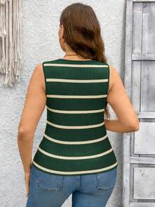 SHEIN LUNE Plus Size Women V-Neck Striped Knit Vest,Summer Outfits For Boho Old Money Spring Break Rave Festival - Dark Green - View 2