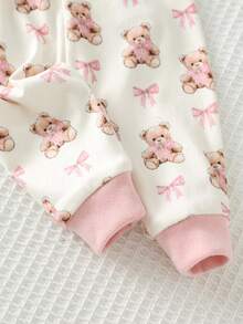 Cozy Pixies 新生女宝宝卡通熊图案针织柔软圆领长袖上衣和松紧腰裤两件套 - 粉色 - 查看 4